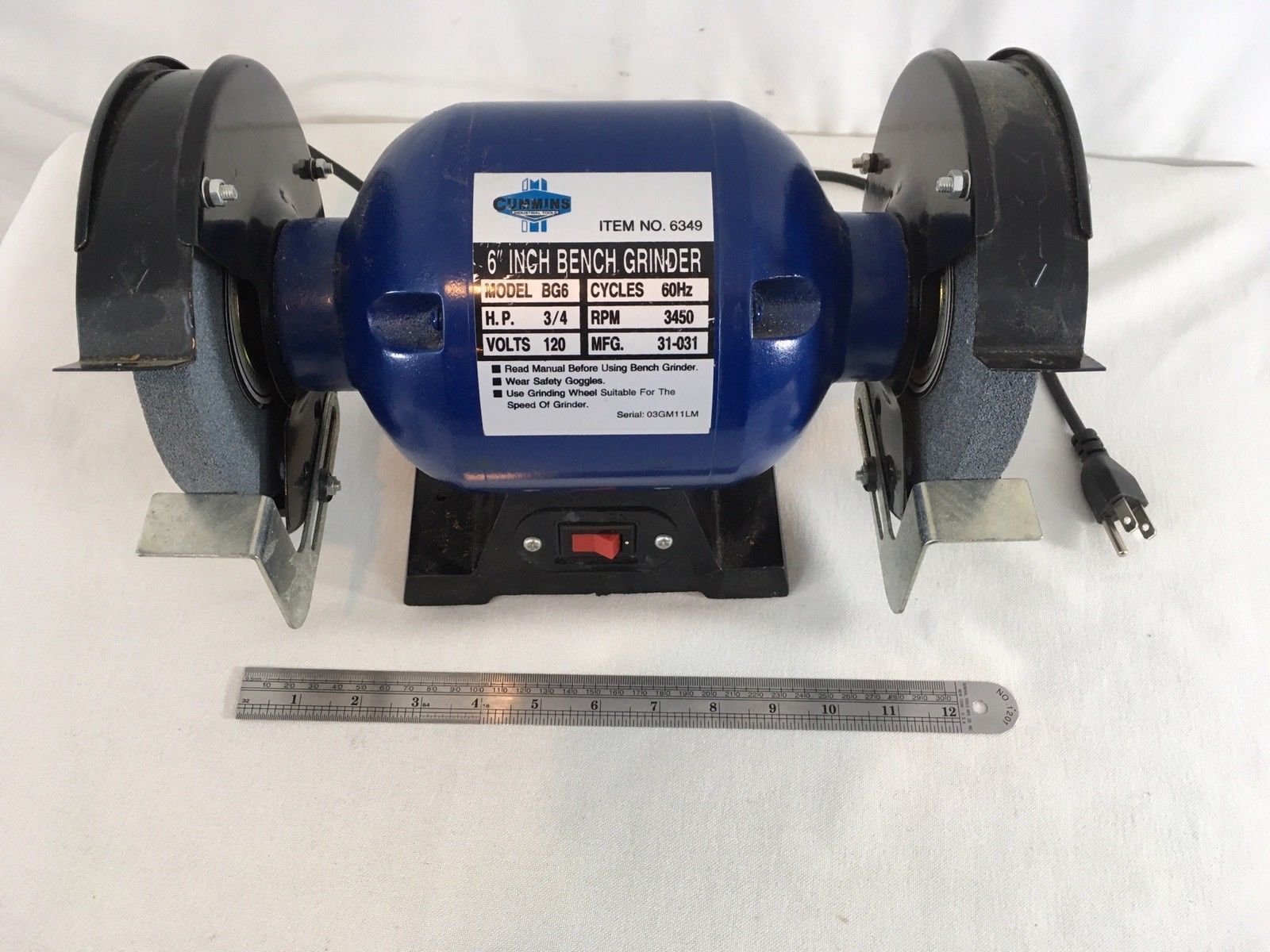 Cummins 6349 Model BG6 3/4 HP 3450 RPM 120 Volt 6 inch Bench Grinder Grinders