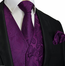 Deep Dark Purple Paisley Tuxedo Suit Dress Vest Waistcoat &amp; Neck tie Han... - $24.71