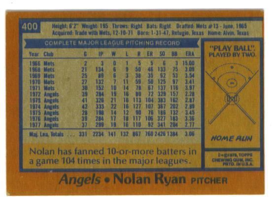 1978 TOPPS # 400 NOLAN RYAN MINT !! - Sports Trading Cards