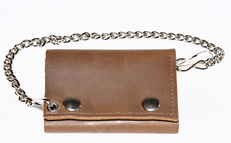 Tri Fold Wallet Brown Distressed Leather Chain Biker Trucker Made in ...