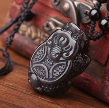natural ice Obsidian Hand carved dragon Turtle pendant - $35.64