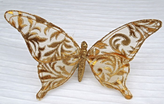 Gold Butterfly Ornament Wired Satin and Sheer W/ Clip - Approx 8