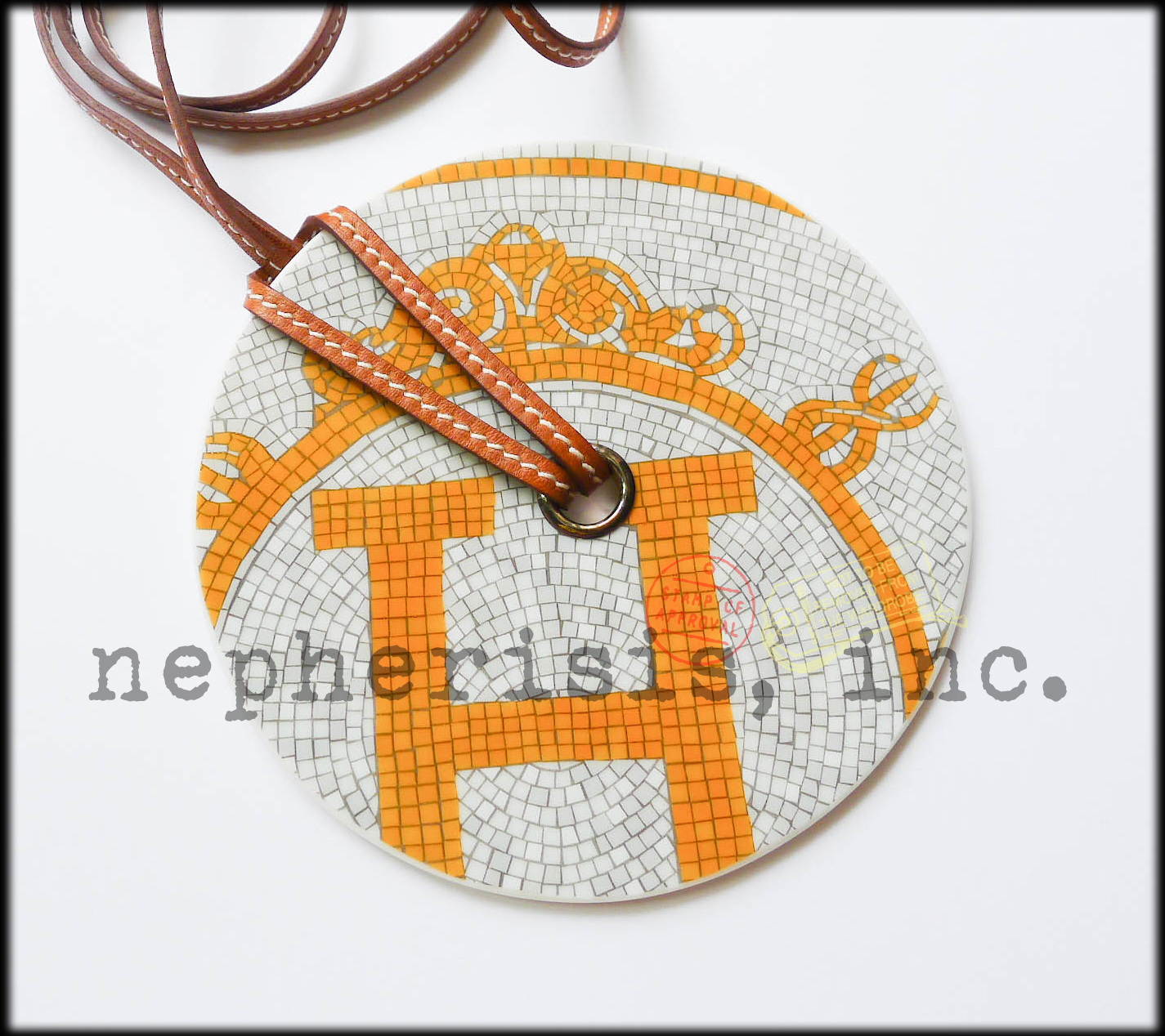 NWB Hermes Petit H Round PORCELAIN PENDANT Charm Leather Necklace