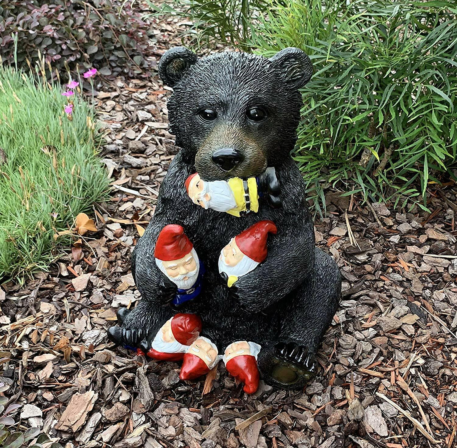 Whimsical Forest Black Bear Holding Colorful Christmas Mini Gnomes Statue 14H