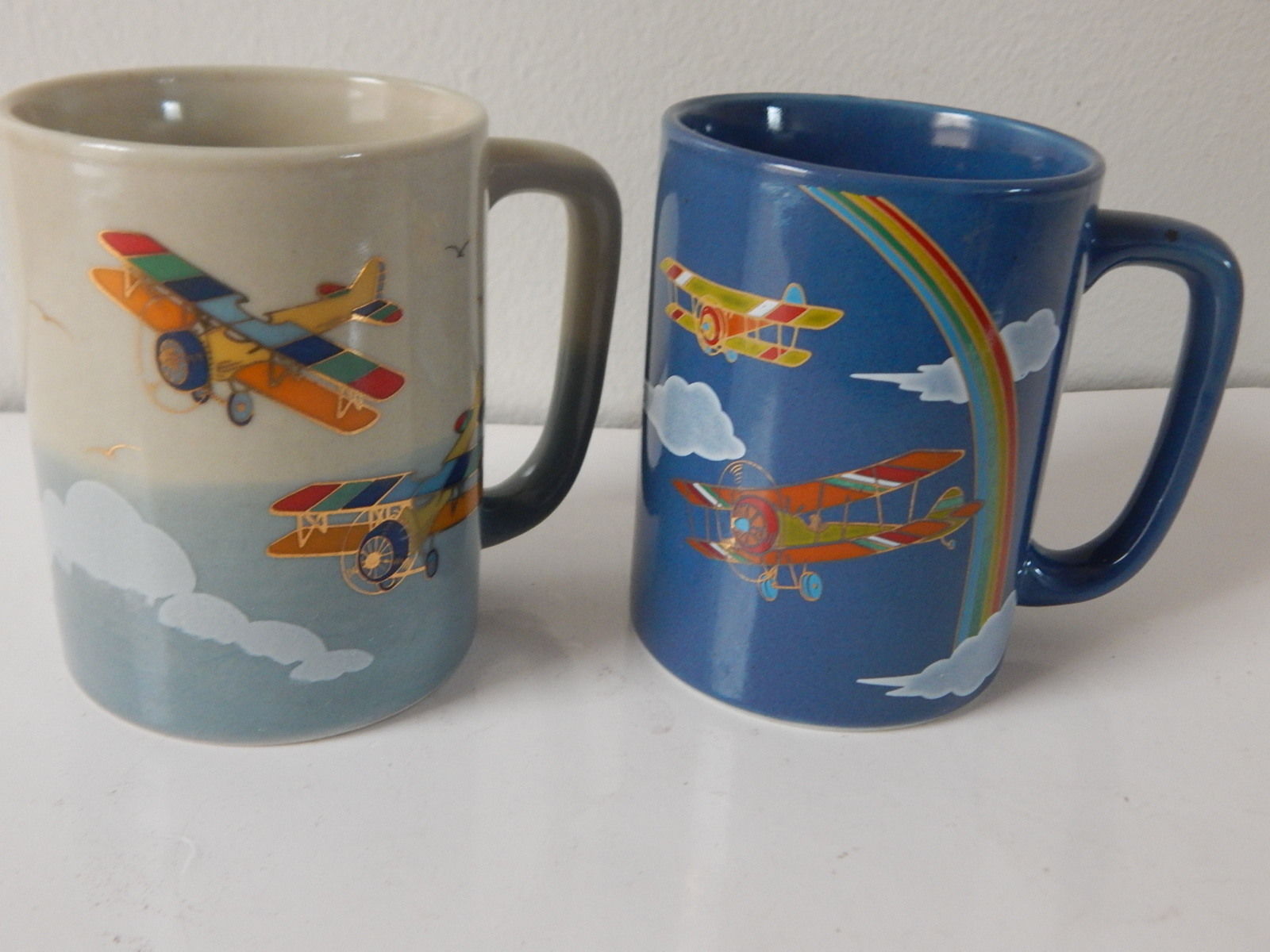 Vintage Otagiri Japan Blue Double Wing Airplane Aviation Rainbow Coffee Mugs 2 - $10.40