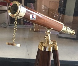 NauticalMart Vintage Nautical 18" Brass and Wood Telescope with Wooden Stand