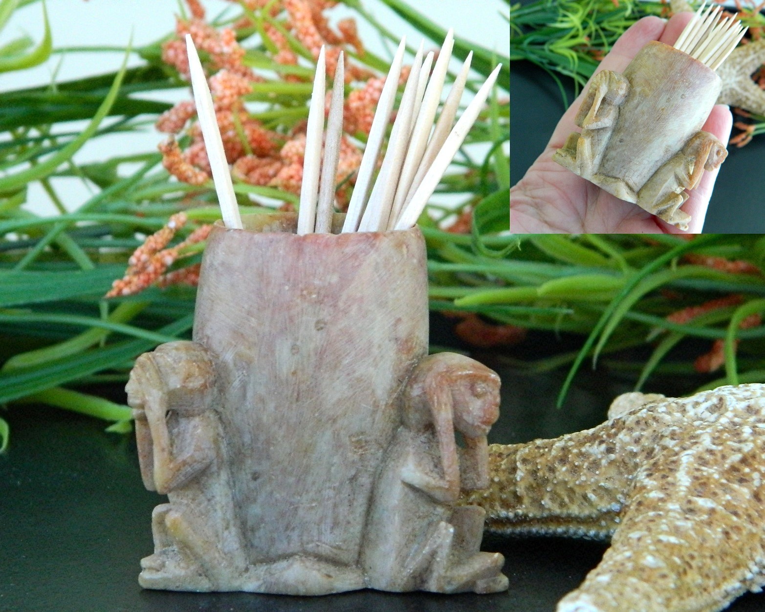 Vintage Soapstone Monkey Toothpick Holder See Hear Speak No Evil Figures & Statues