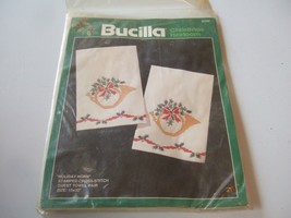 NEW SEALED  BUCILLA STAMPED CROSS STITCH GUEST TOWEL PAIR  HOLIDAY HORN ... - $14.58