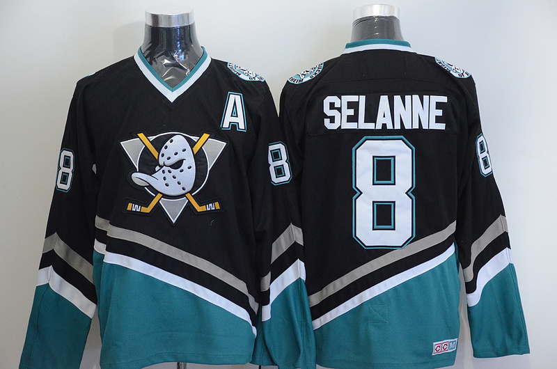 Mens Anaheim Ducks 8 Teemu Selanne Throwback Black Ice Hockey Jersey - Fan Apparel & Souvenirs