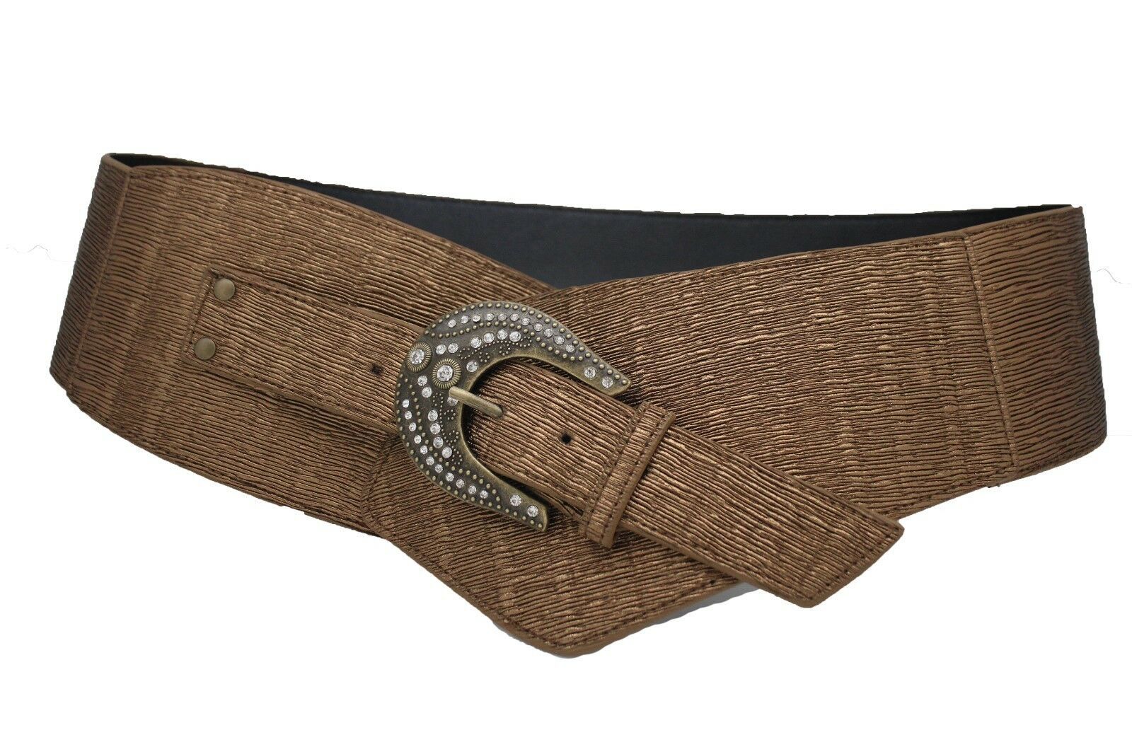 Women Belt Bronze Brown Color Wide Western Hip Faux Leather Big Metal