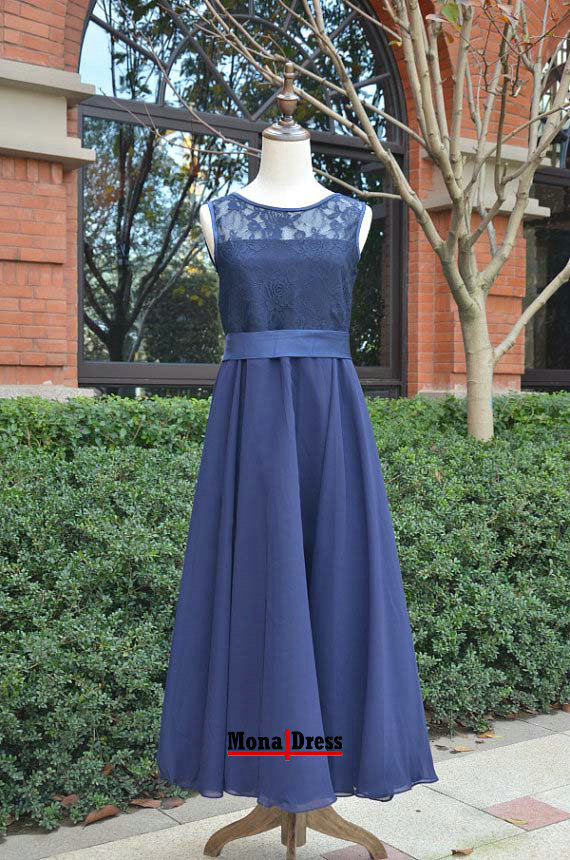 Modest tea length navy blue  lace junior  prom evening 