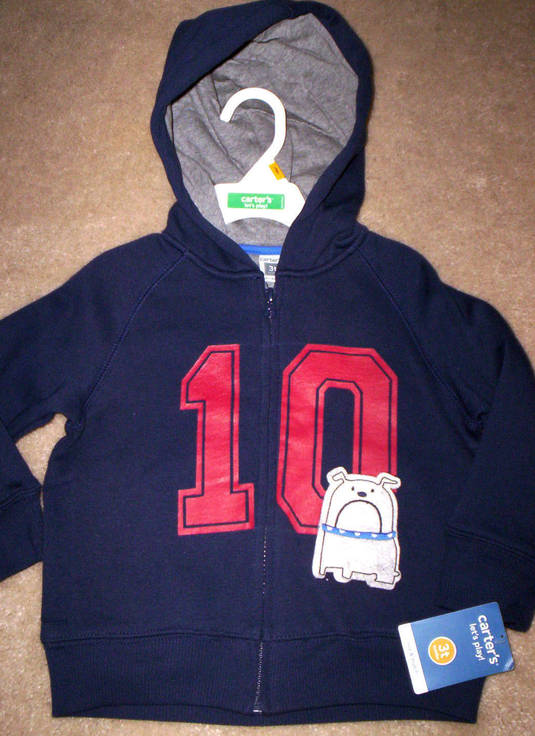 NWT CARTER'S Navy Blue dog Zippered Hoodie 3T embroided American bulldog puppy - $12.00