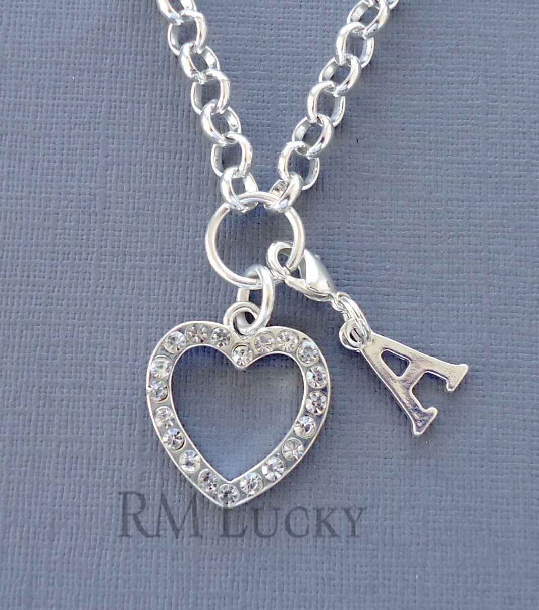 Rolo chain Crystal Heart Necklace 20Personalized Initial Letter clip on charm