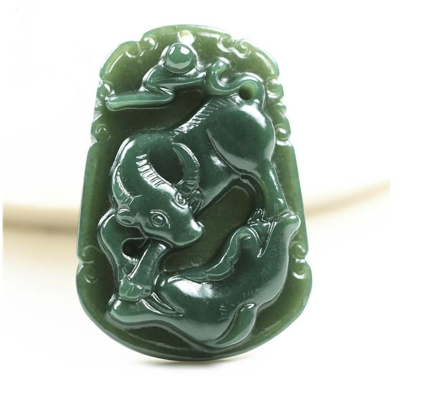 Hand carved natural green jade ox jade gift pendant - Necklaces & Pendants