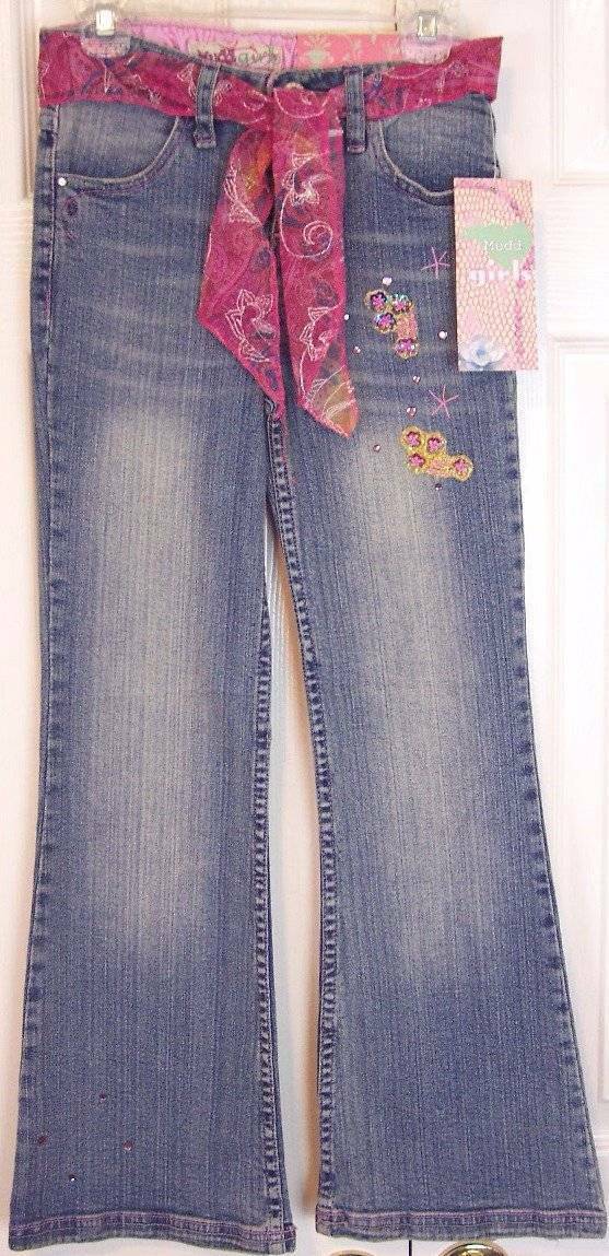 NWT Mudd Girls Embellished Flare Jeans with Pink Belt Sash, 10 Slim or 10 Reg - $12.08