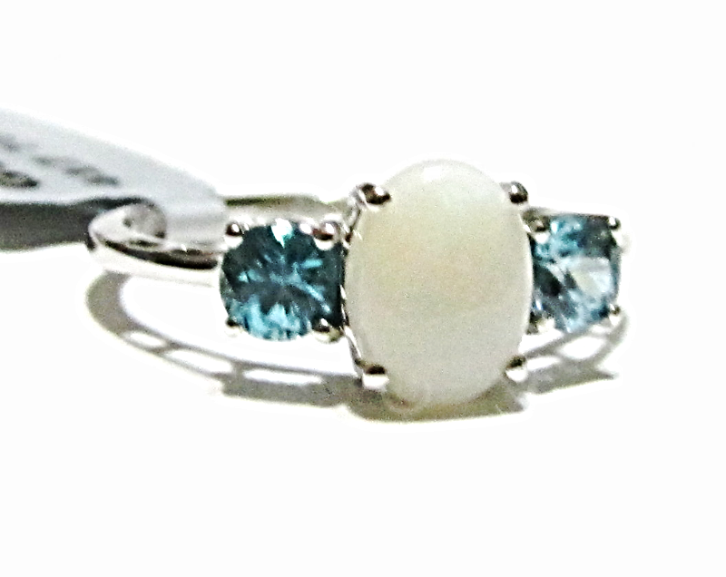 Primary image for 10K White Gold White Opal Oval Solitaire & Blue Zircon Ring, Size 7, 1.49(TCW)