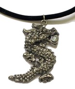 Rhinestone Dragon Holding Jewel Pendant with Black Velvet Necklace - $18.50