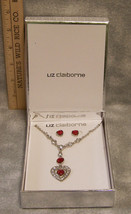 Liz Claiborne Set Necklace & Earrings Dark Red & White Rhinestones Heart V Day - $12.22