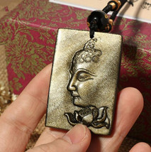 Natural Gold Obsidian stone buddha with Lotus charm zen pendant Unique gift - $39.60