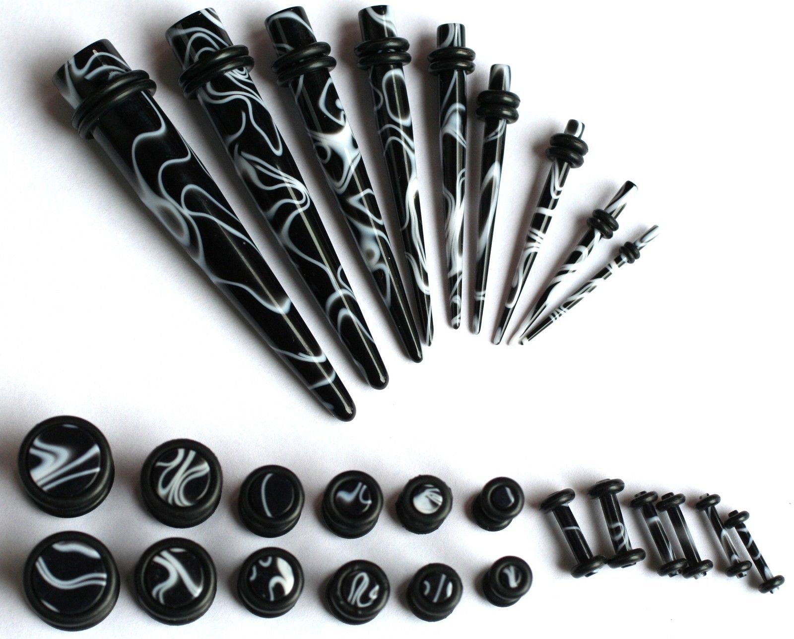 27pc black marble EAR STRETCHING KIT Tapers +PLUGS gauges 00g 2g 4g 6