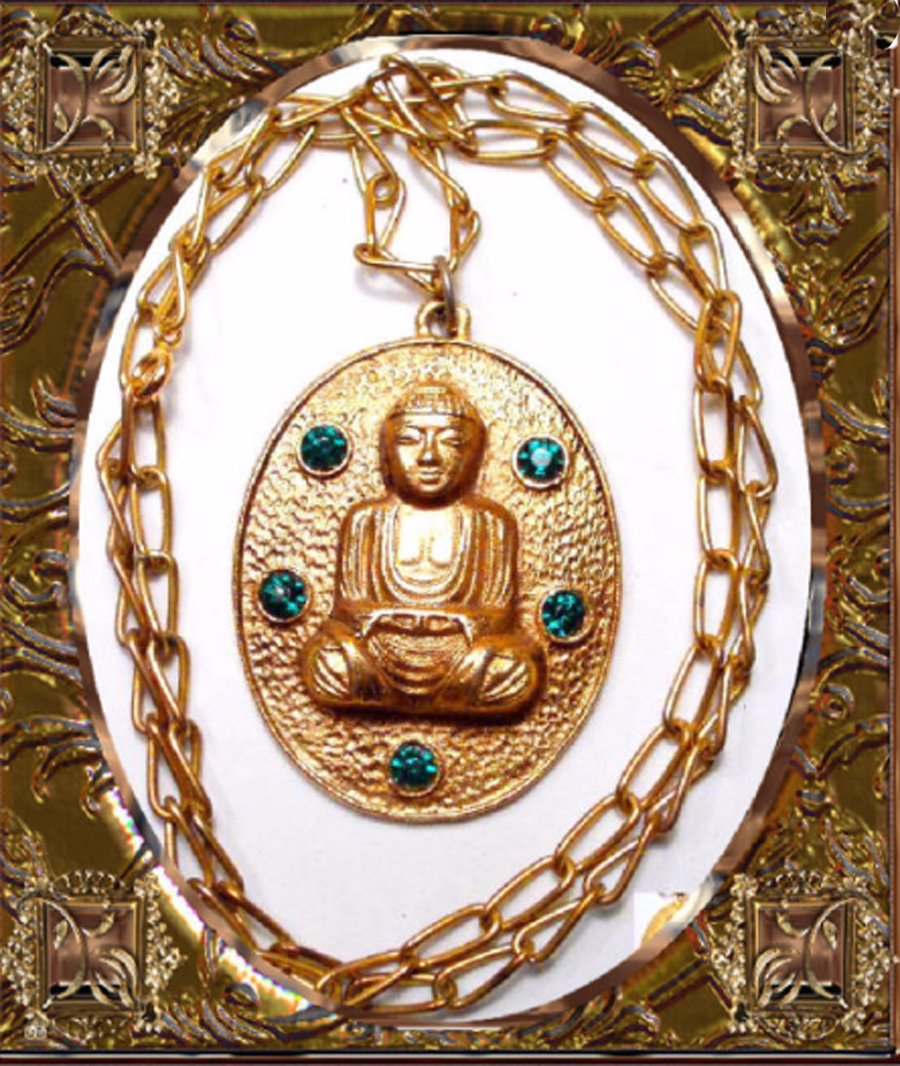 Vintage Jeweled Buddha Necklace Large Chinese Oriental Rhinestone Asian
