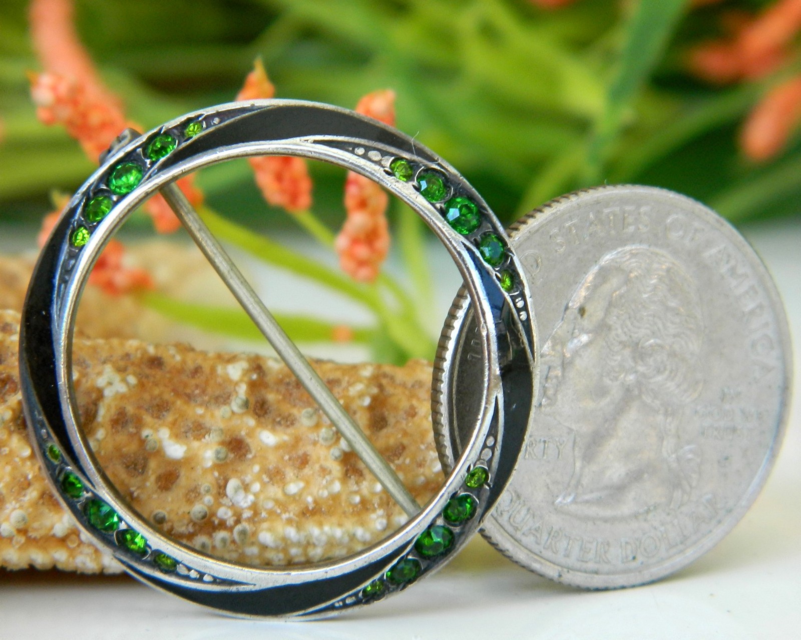 Vintage Sterling Art Deco Black Enamel Rhinestones Circle Brooch Pin