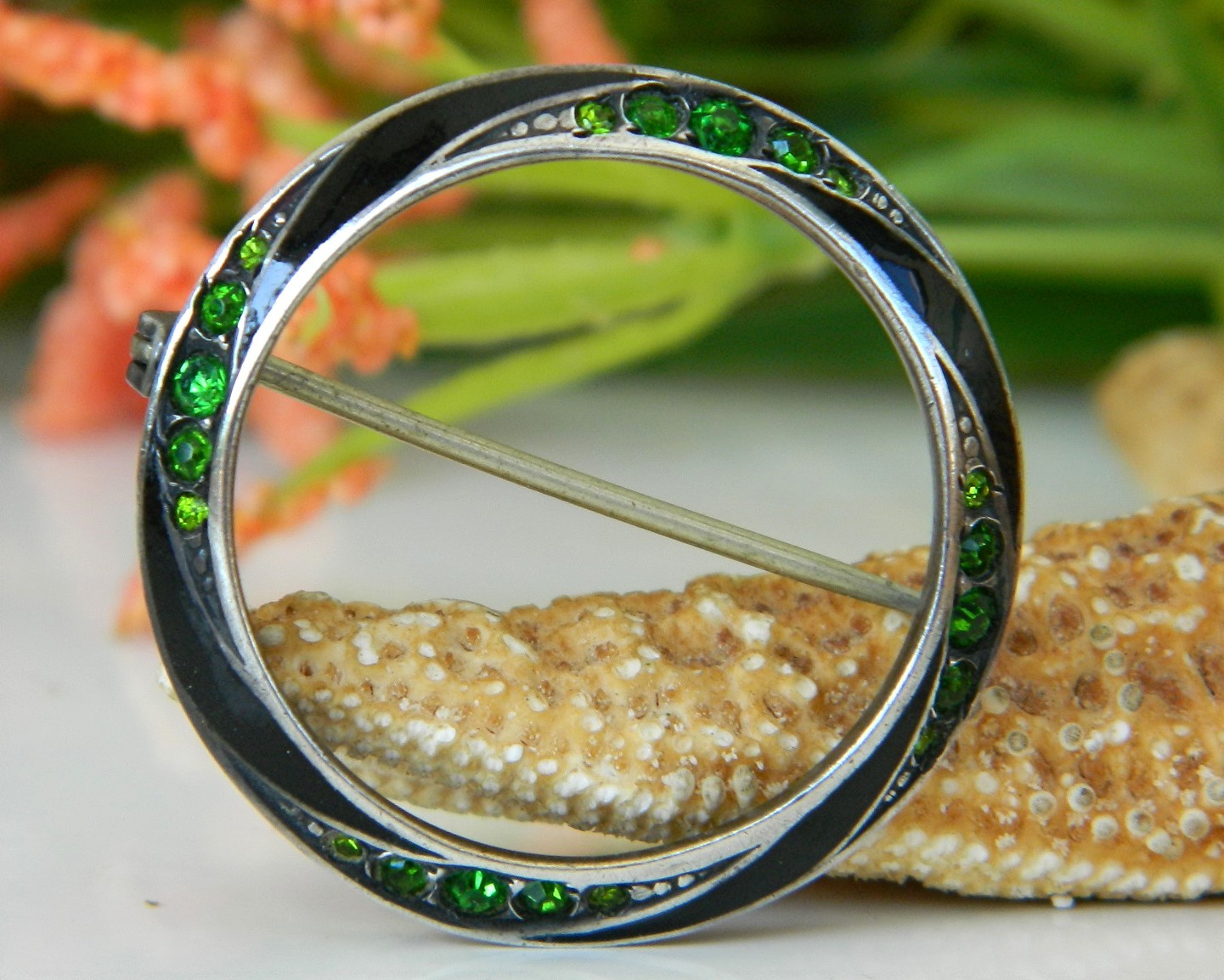 Vintage Sterling Art Deco Black Enamel Rhinestones Circle Brooch Pin