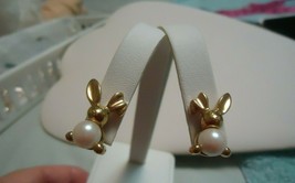 Vintage AVON Goldtone Rabbit Faux Pearl Earrings, Excellent Used Cond - $5.59