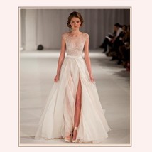 Flowing Sheer Backless Leg Slits & Beaded Chiffon Designer Style Wedding Dress image 1