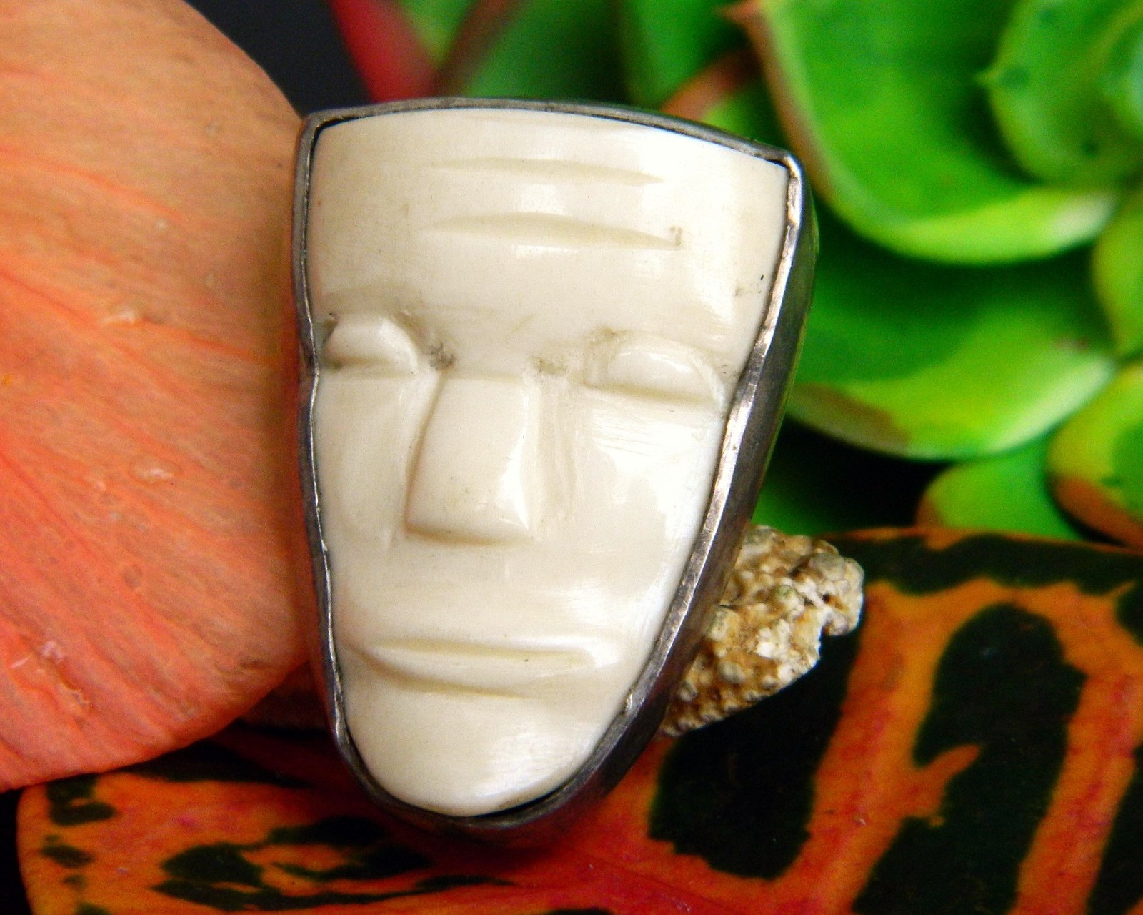 Vintage Carved Aztec Mayan White Mask Face Sterling Silver Brooch Pin - $59.95