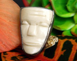 Vintage Carved Aztec Mayan White Mask Face Sterling Silver Brooch Pin - £50.01 GBP