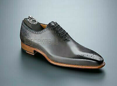 Handmade Men's Leather Oxfords Wing Tip Premium Quality Gray Derby Toe shoes-688