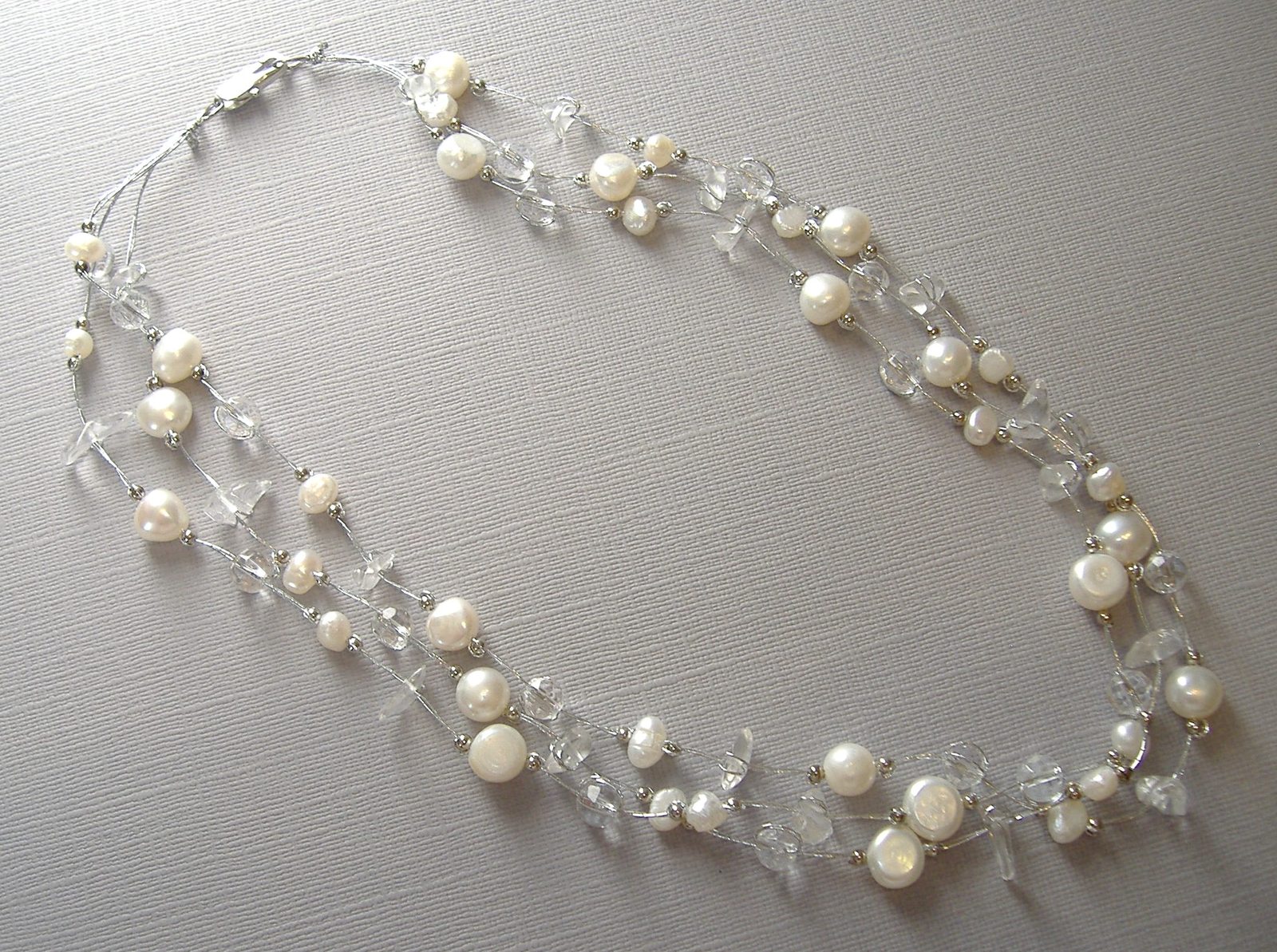 White Clear Silver Pearl Bead Gemstone 3 Strand Necklace Beaded New