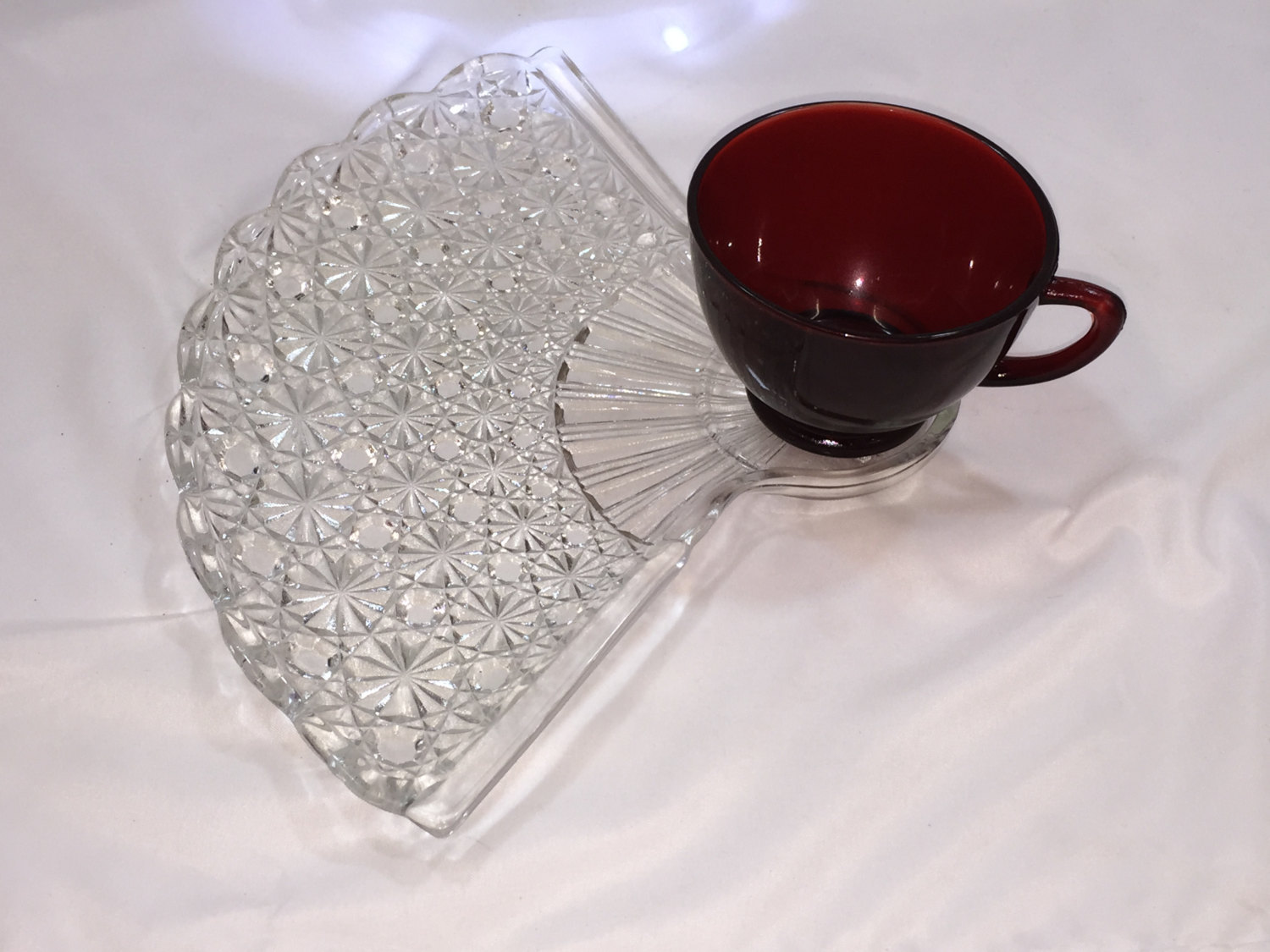 Vintage Fan Snack Plate and Royal Ruby glass Cup by Anchor Hocking