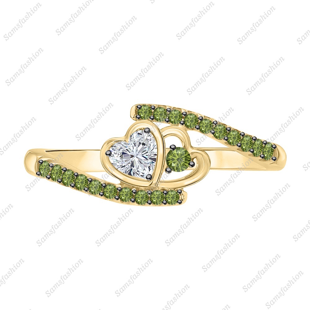 Heart Diamond & Green Tourmaline 14k Yellow Gold 925 Silver Heart Promise Ring