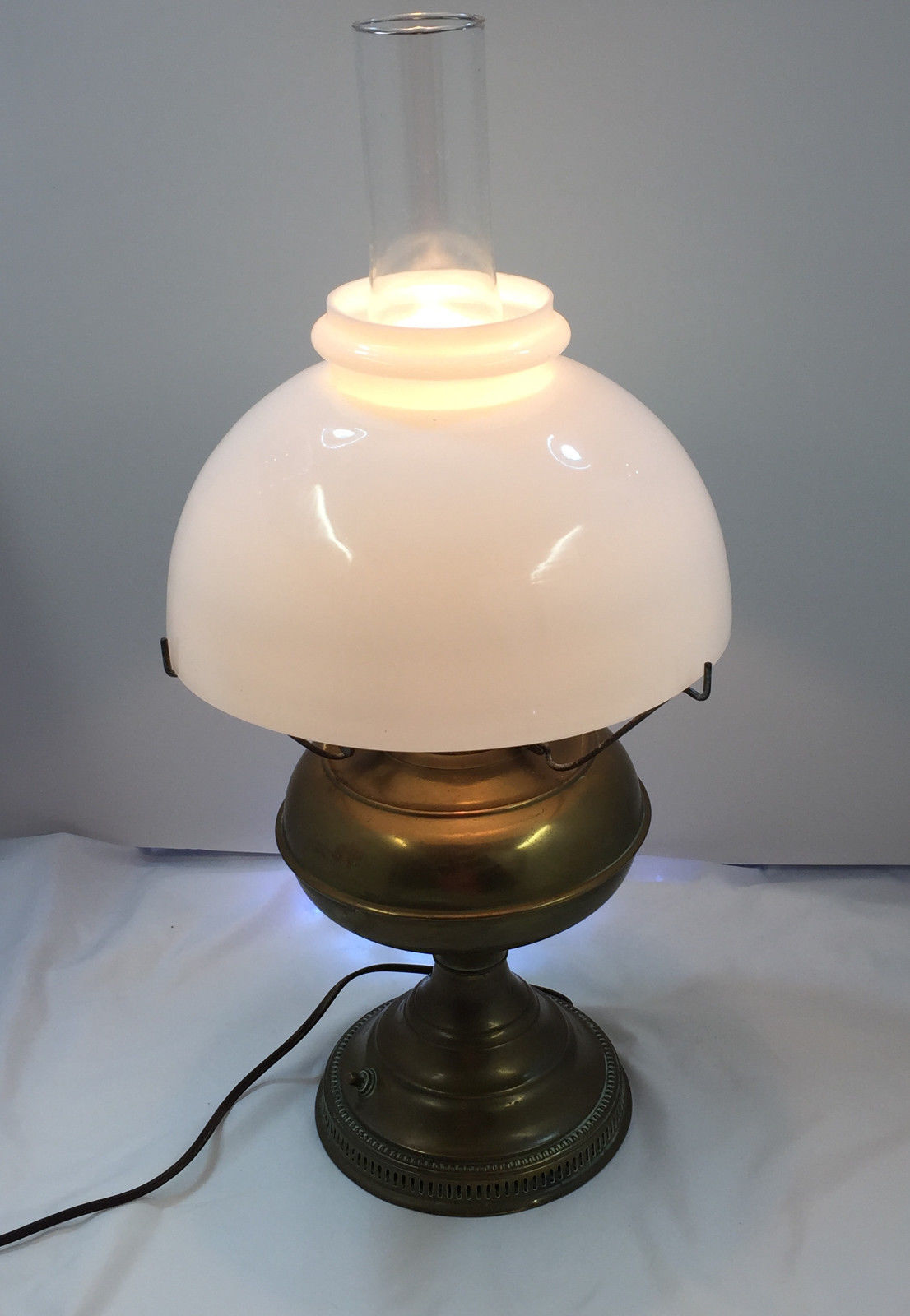 Vintage Electrified Brass Oil Lamp with Large Milk Glass Shade Lamps