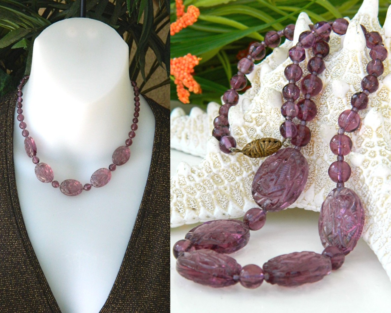 Vintage Purple Amethyst Czech Carved Art Glass Bead Necklace