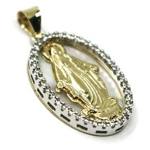18K YELLOW WHITE GOLD MIRACULOUS MEDAL VIRGIN MARY MOTHER OF PEARL ZIRCONIA 21mm image 1