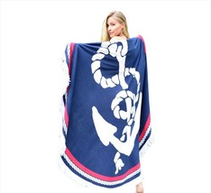 Beach Towel with Anchor 60" Round Red White Blue Polyester Spandex Fringed Edge 