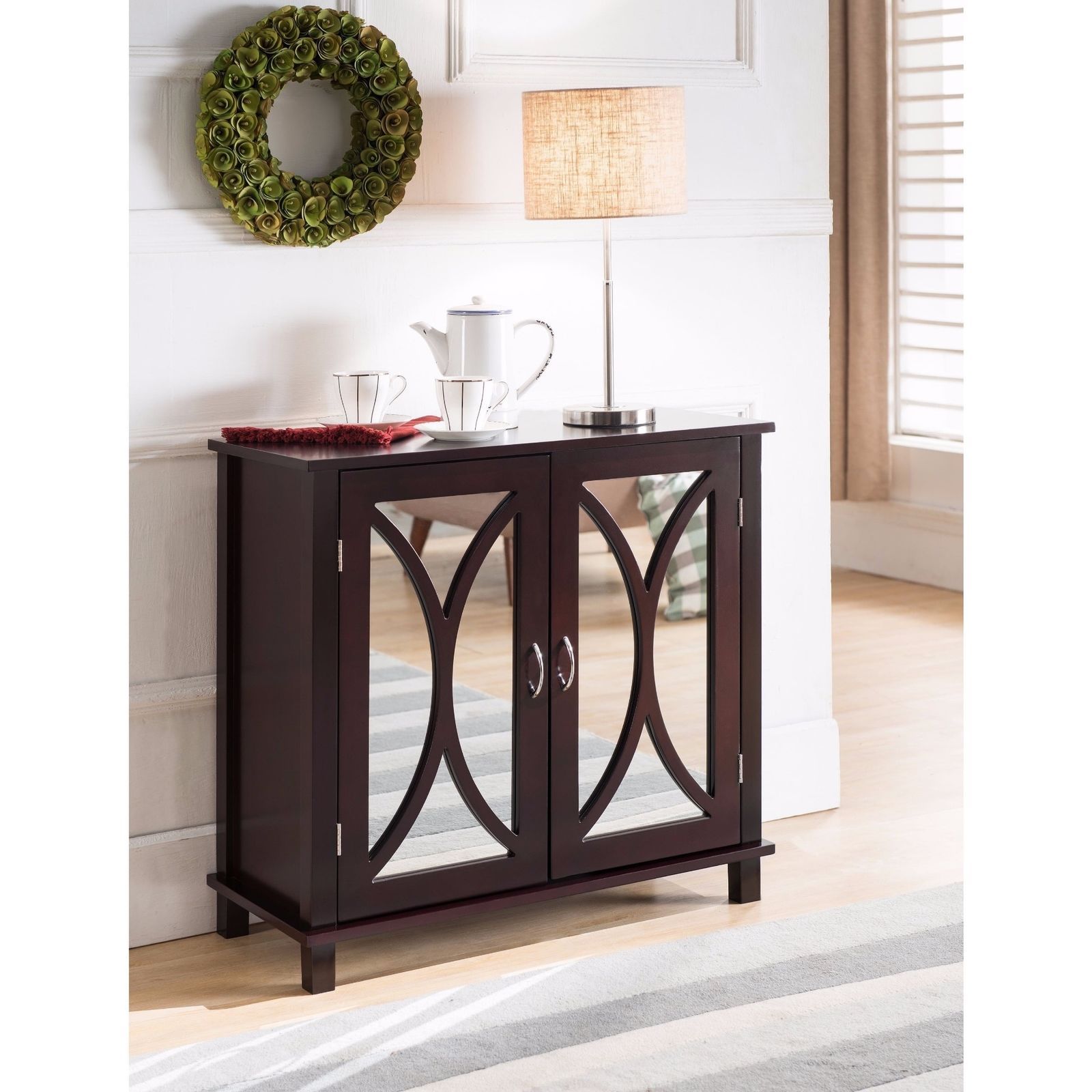 Espresso Wood Floor Accent Storage Buffet Mirrored Doors