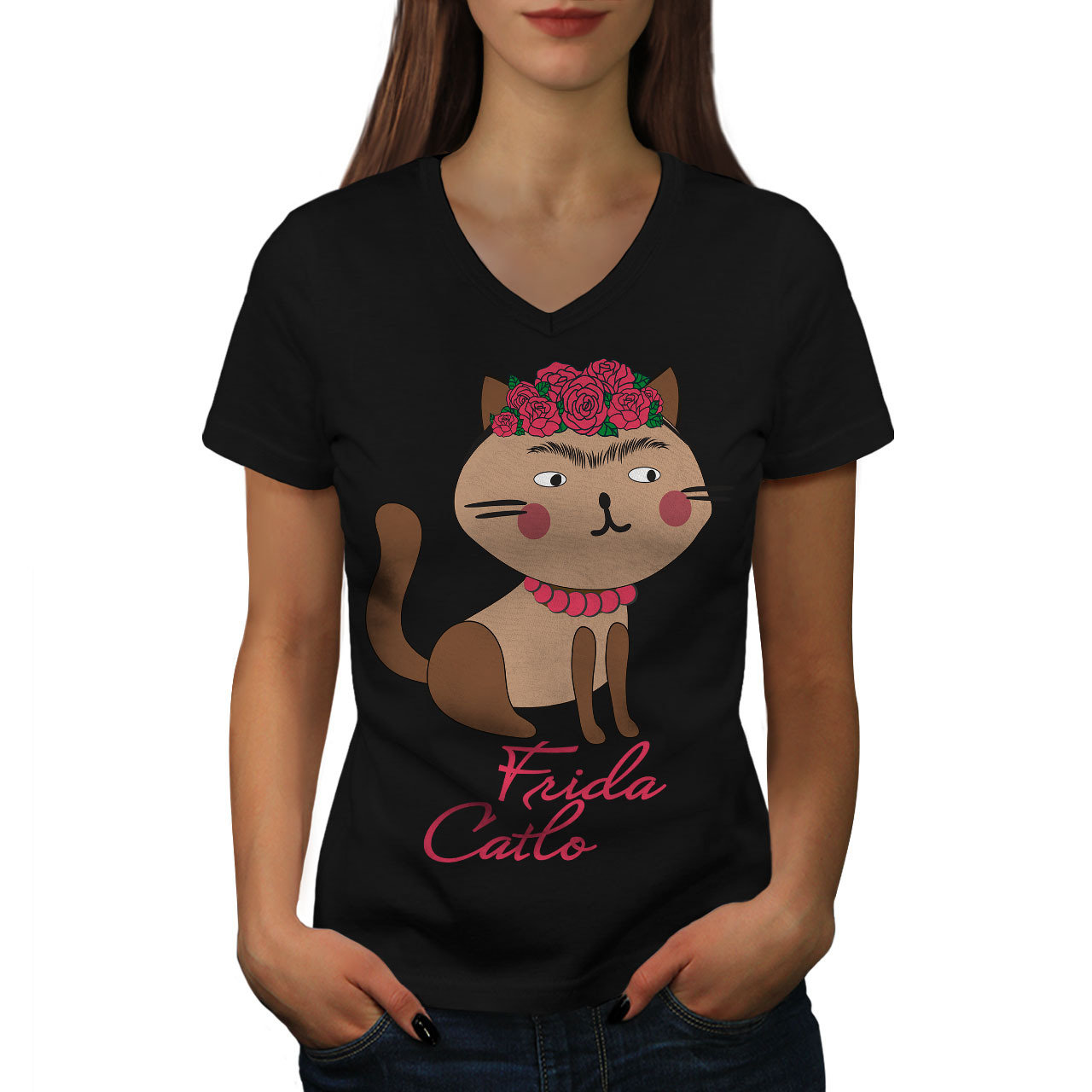 Primary image for Frida Kahlo Cat Shirt Funny Women V-Neck T-shirt