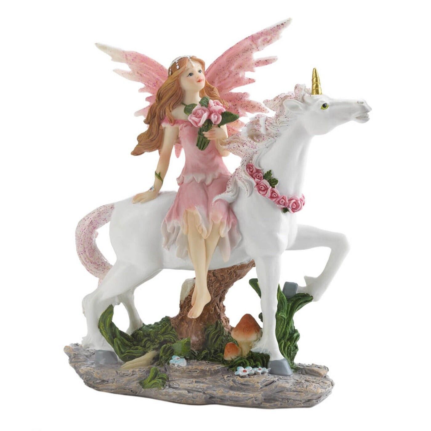 Mythical Pink Fairy Roses Princess White Unicorn Horse Statue Sculpture Figurine