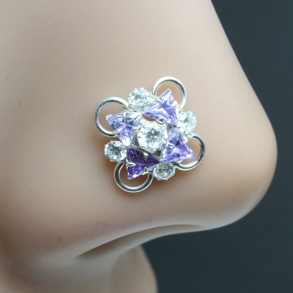 Indian 925 Sterling Silver Violet White CZ Studded Nose ring Push Pin