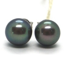 18K WHITE GOLD EARRINGS, WITH FRESHWATER BLACK PEARLS, 8mm, 0.3 inches DIAMETER image 1