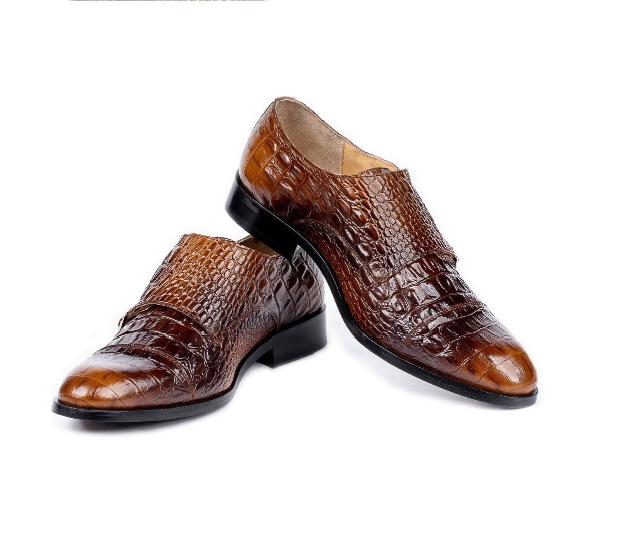 Handmade Mens Brown Alligator Textured Leather Monk Strap Shoes, Men Dress Shoes