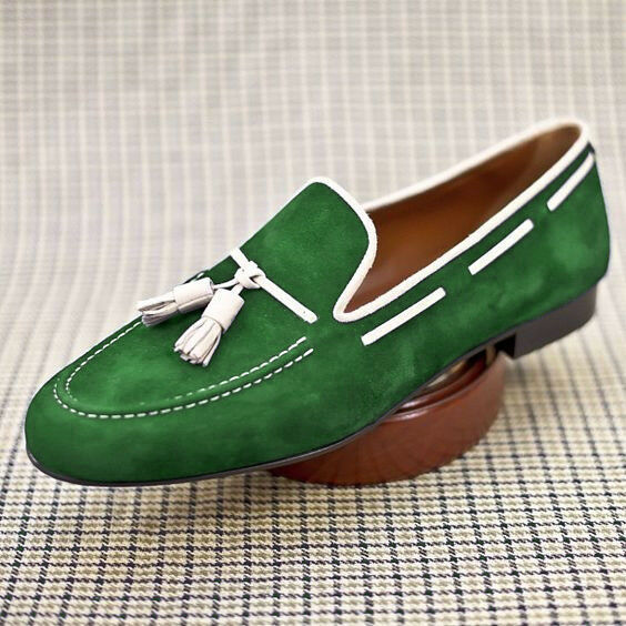 Men's Hand Made Green Color Loafer & Slip Ons Suede Real Leather Shoes US 7-16