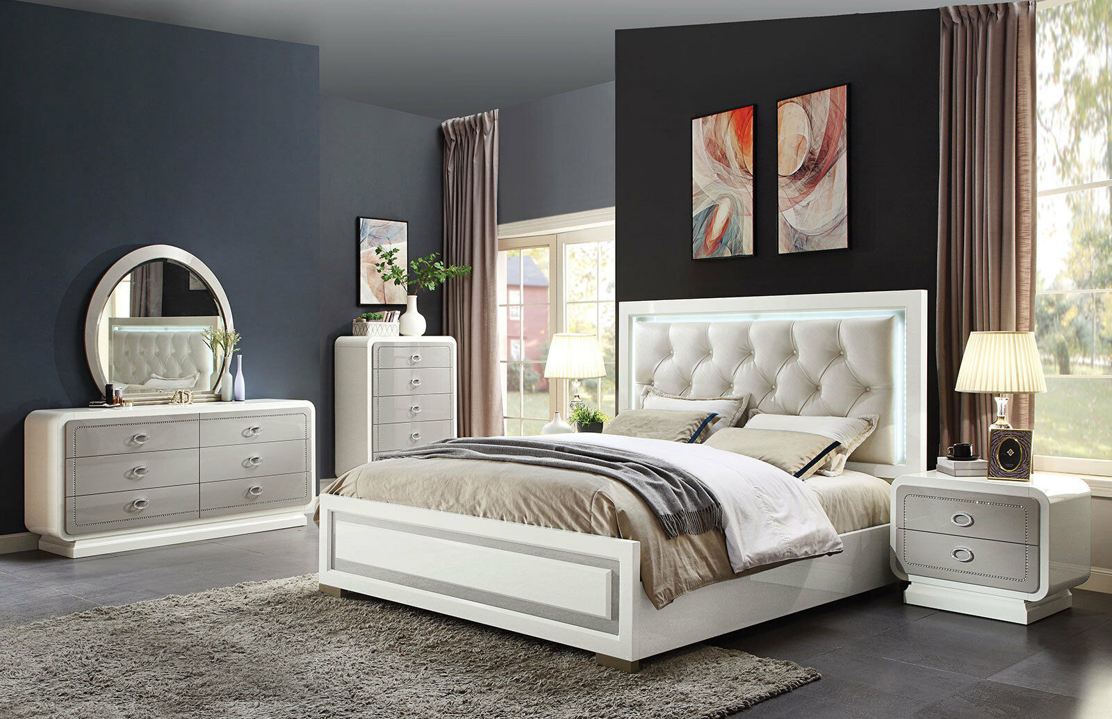 NEW Glossy Off White Bedroom Furniture - GRAYSON 5pc Queen Lighted ...