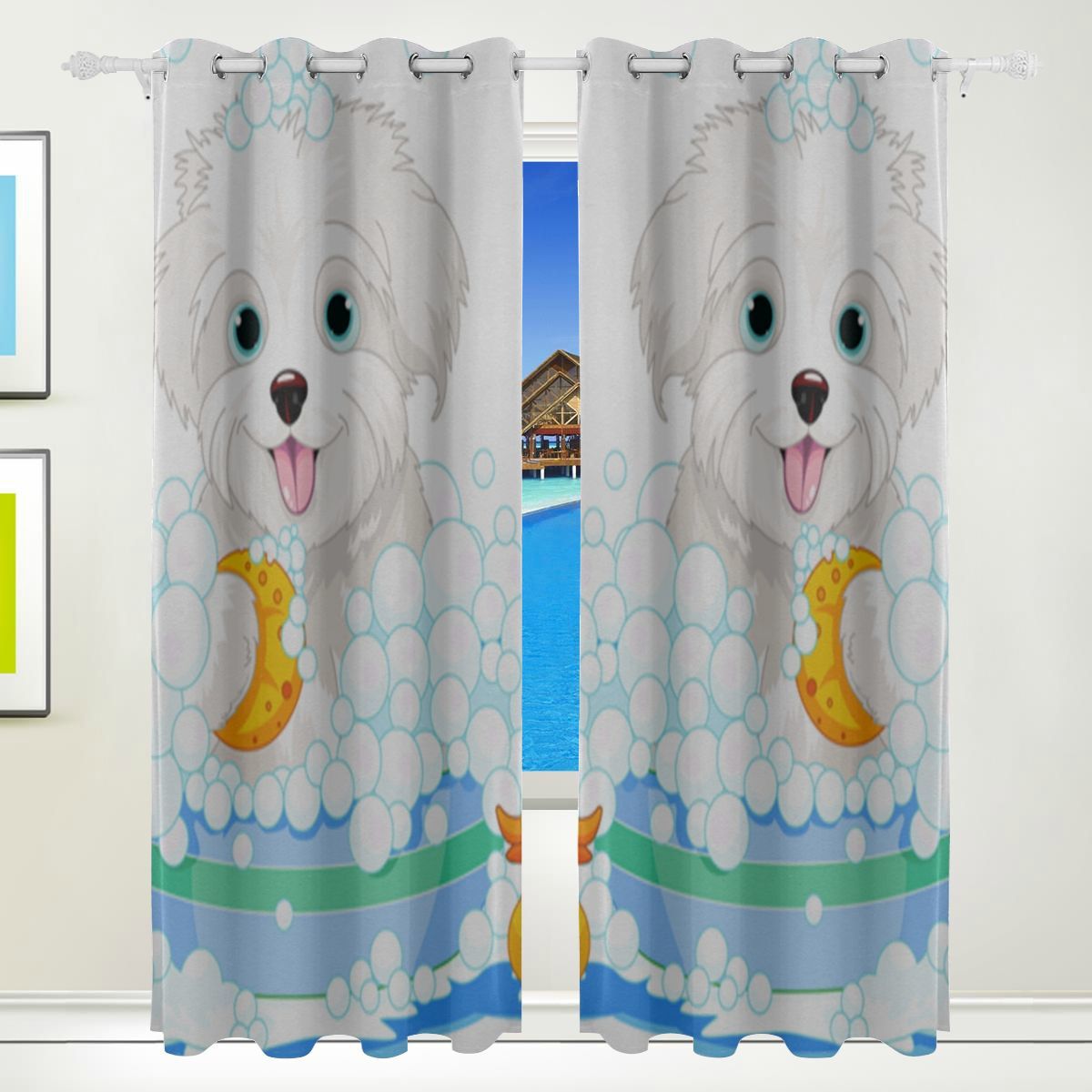 Bedroom Curtains Long Funny Puppy Cute Dog Shower Pet Bath Print Kids