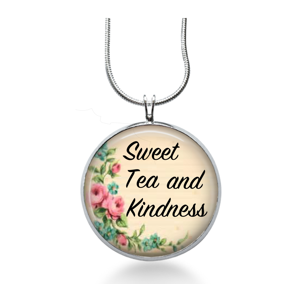 Sweet Tea and Kindness Necklace Floral Quote Pendant Jewelry Gift