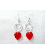 Double Silver Hoop with Red Glass Heart Hand Blown Pair of Fashion Earrings - $9.99